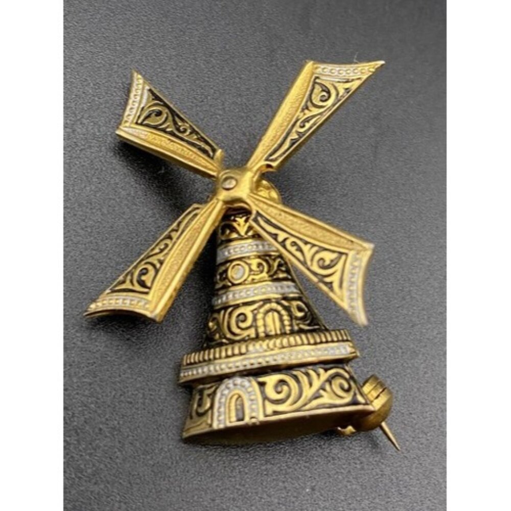 Vintage Windmill Brooch Moving Spins Gold Tone Black Signed SPAIN Whimsical - Picture 1 of 7